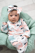 Infant Girls Pastel Dino Baby Gown and Bow Headband Set