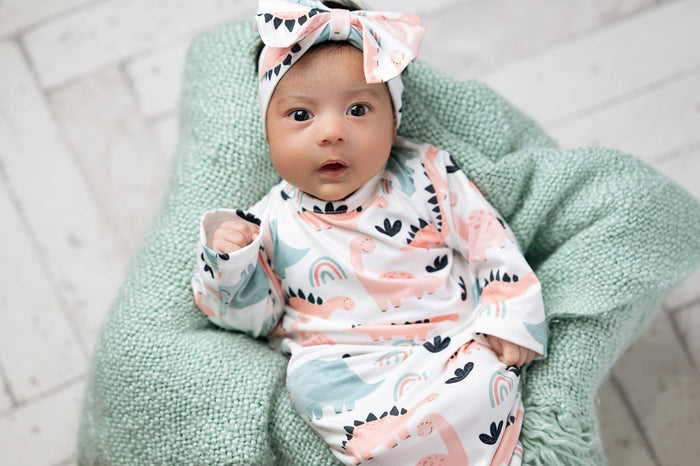 Infant Girls Pastel Dino Baby Gown and Bow Headband Set