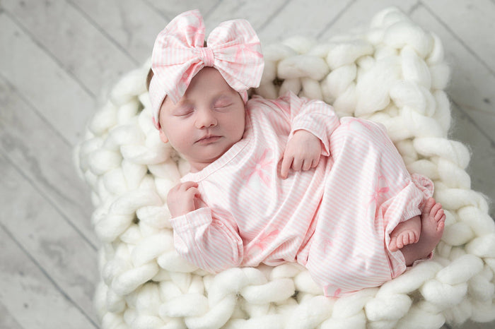 Infant Girls Pink Bows Baby Gown and Bow Headband Set