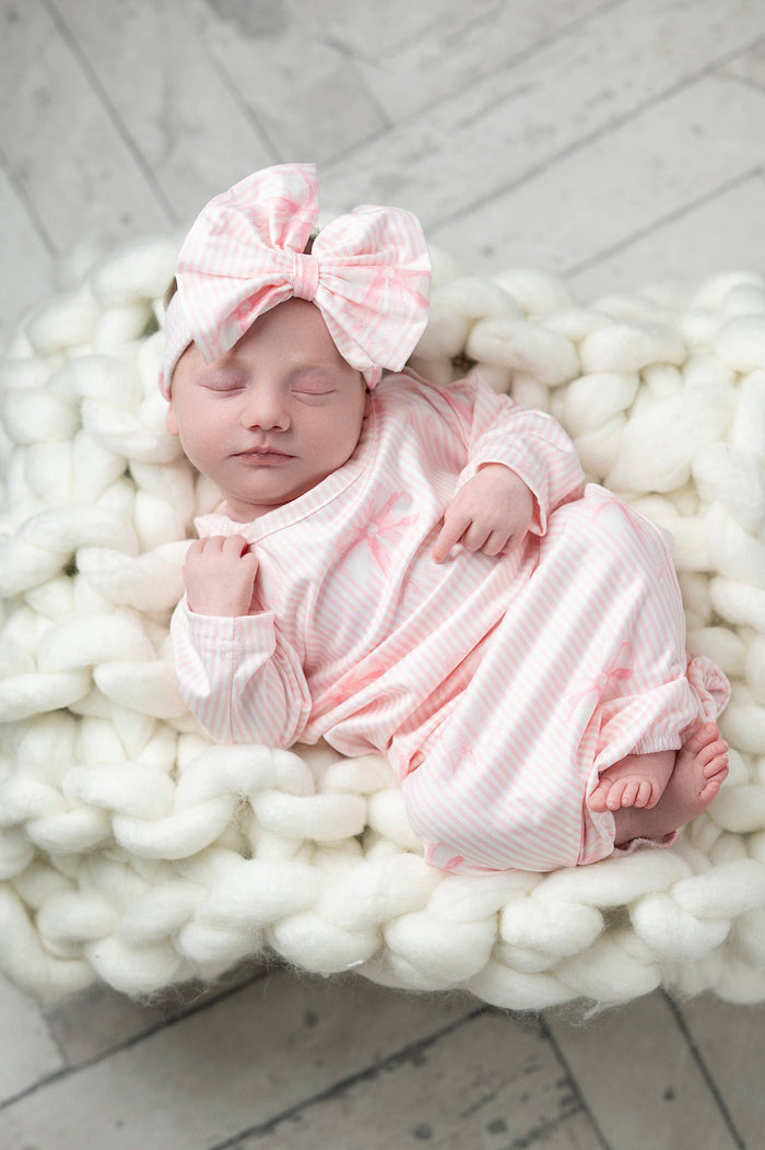 Infant Girls Pink Bows Baby Gown and Bow Headband Set