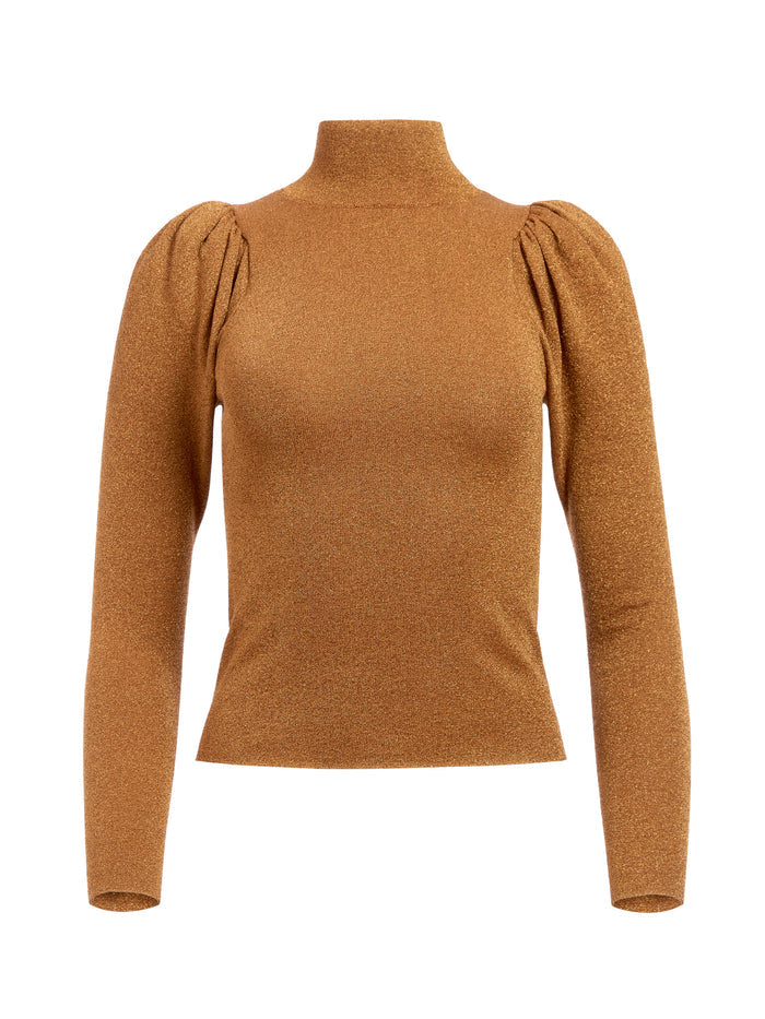 ISSA METALLIC PUFF SLEEVE TURTLENECK - CAMEL METALLIC