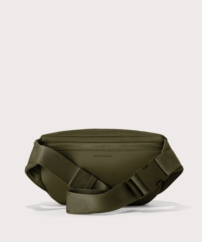 Dagne Dover jax large fanny pack in dark moss seen from the back.