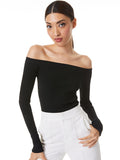JEANNE OFF SHOULDER RIB PULLOVER - BLACK