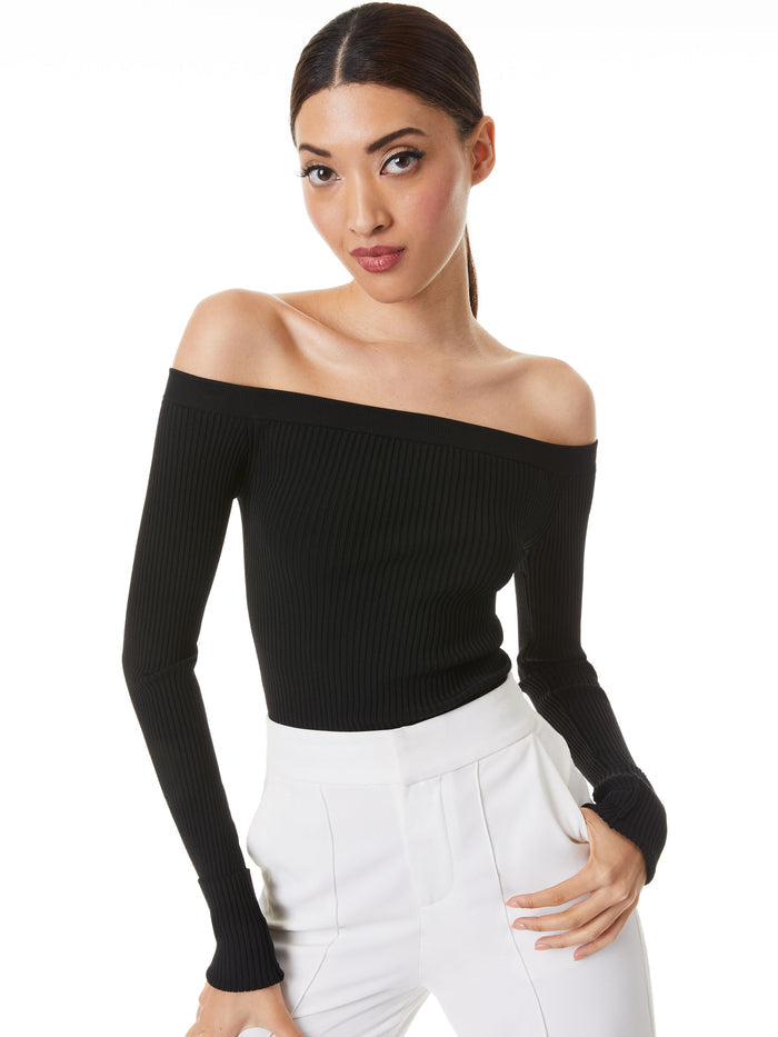 JEANNE OFF SHOULDER RIB PULLOVER - BLACK