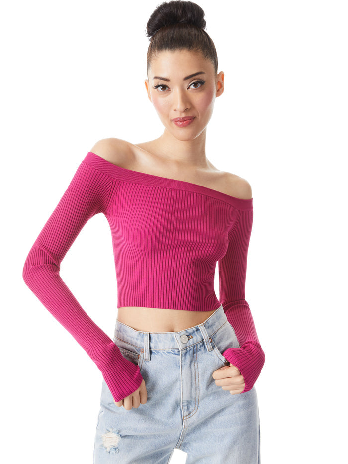 JEANNE OFF SHOULDER RIB PULLOVER - RASPBERRY