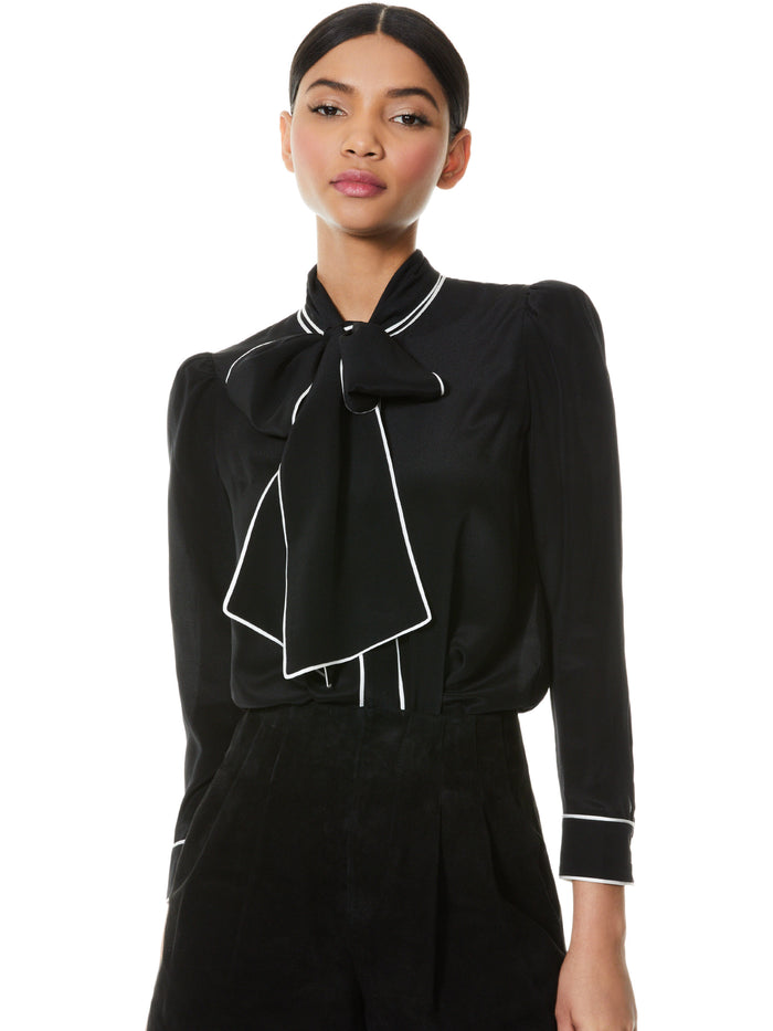 JEANNIE BOW COLLAR BUTTON DOWN - BLACK/OFF WHITE