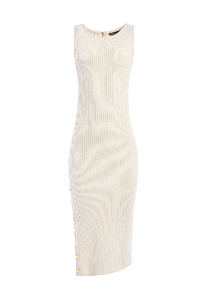 JENNER CREW NECK FITTED MIDI DRESS - OATMEAL