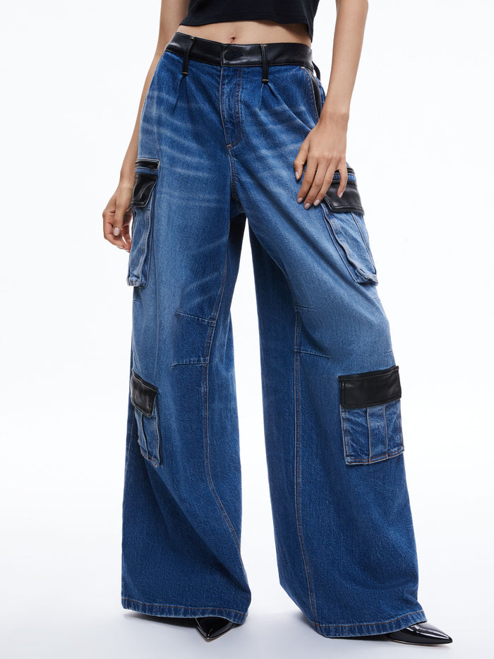 JOETTE COMBINATION VEGAN LEATHER CARGO JEAN - BROOKLYN BLUE