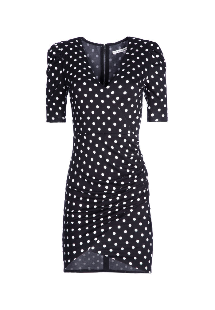 JUDY RUCHED MINI DRESS - MED POLKADOT BLK/SOFT WHT