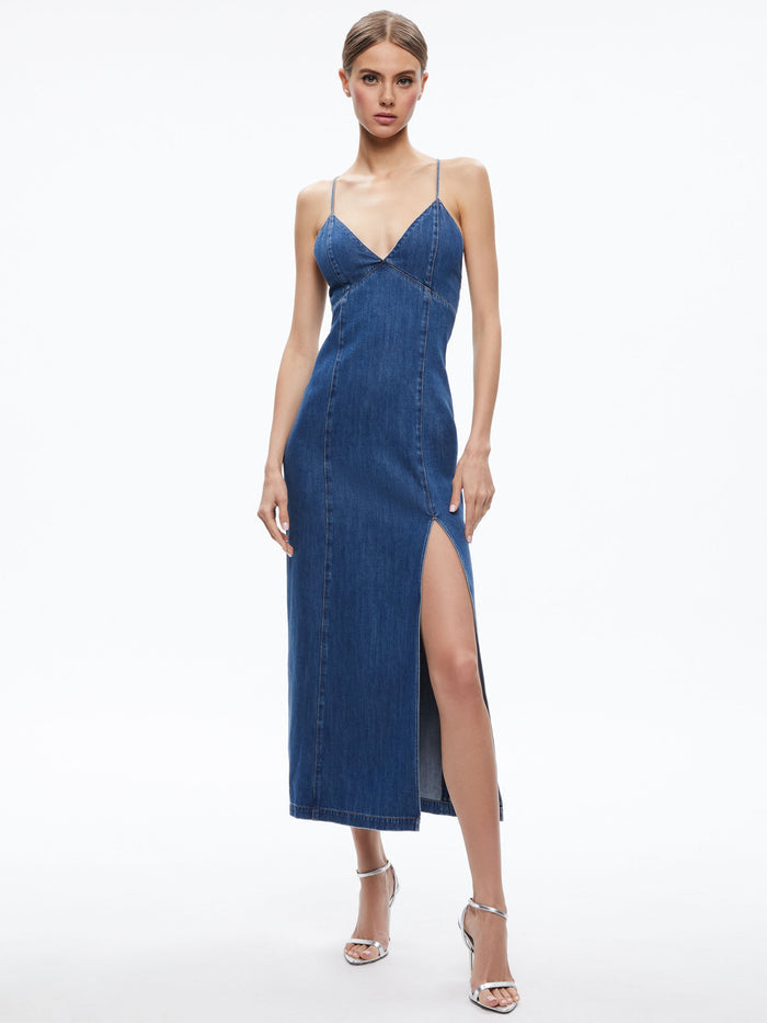 JULIETTA DENIM SLIP DRESS WITH SLIT - AVERY BLUE