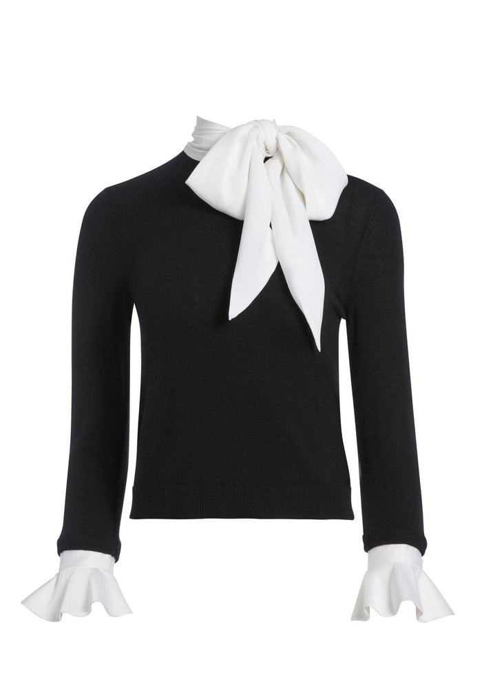 JUSTINA TIE NECK PULLOVER - BLACK/OFF WHITE