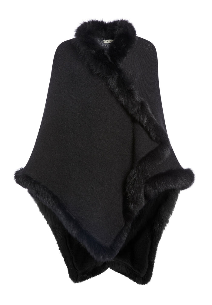 KAMALA HOODED PONCHO WITH FUR - BLACK