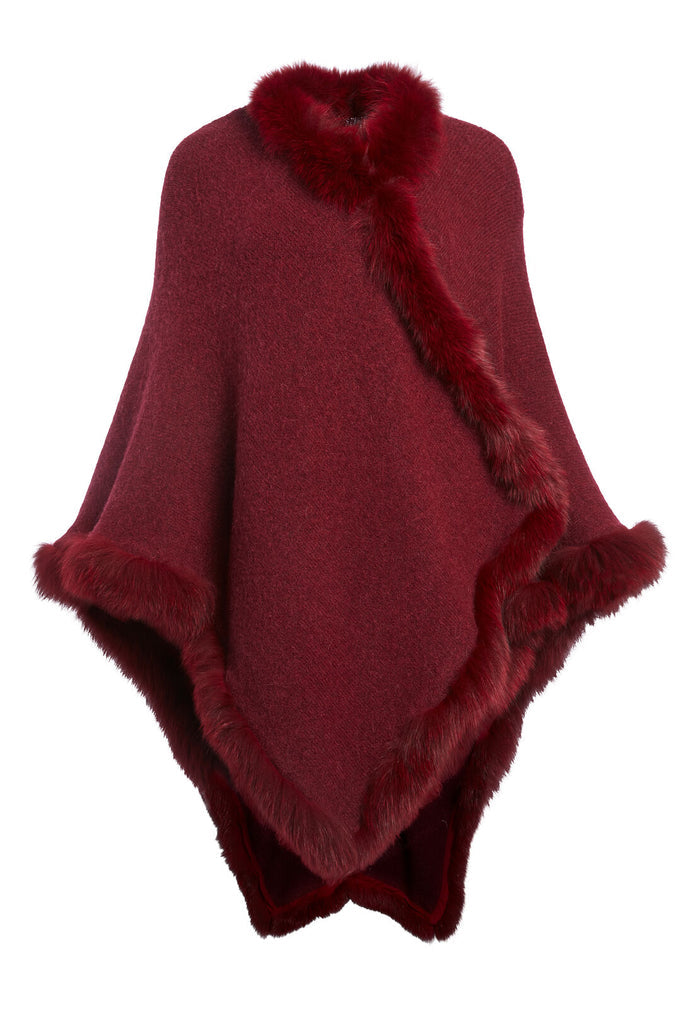 KAMALA HOODED PONCHO WITH FUR - BORDEAUX