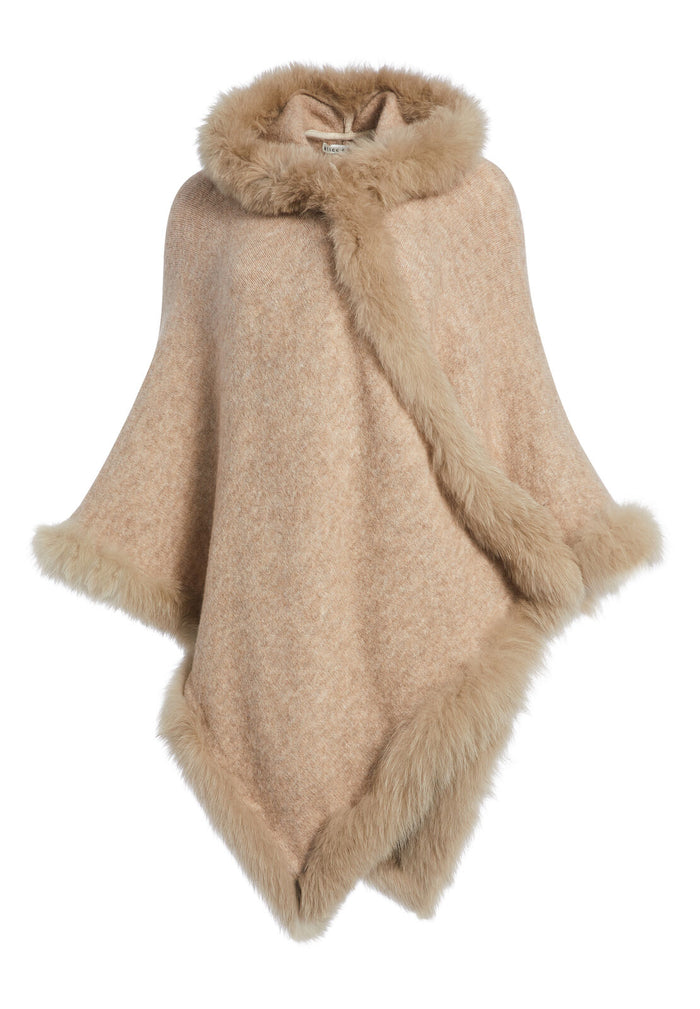 KAMALA HOODED PONCHO WITH FUR - NATURAL