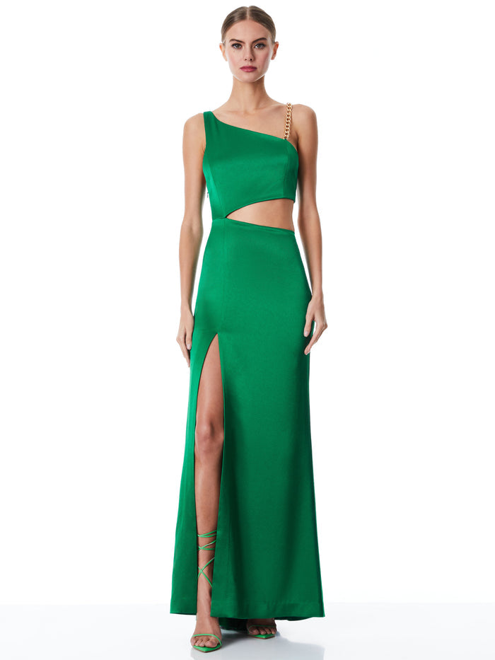 KAROLINE CHAIN SHOULDER CUTOUT GOWN - EMERALD