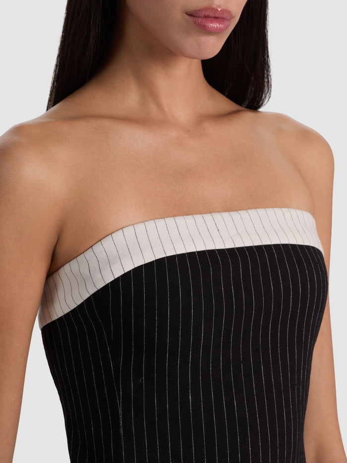 KELLY STRAPLESS TOP - BLACK/OFF WHITE PINSTRIPE