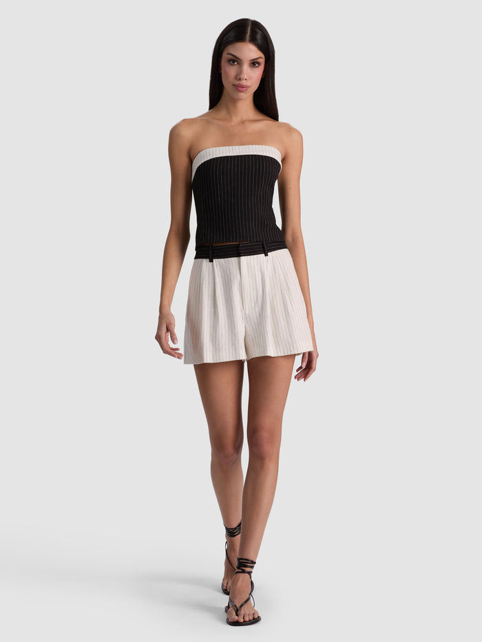 KELLY STRAPLESS TOP - BLACK/OFF WHITE PINSTRIPE