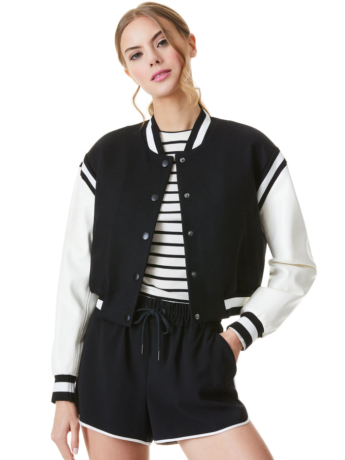 KERI VEGAN LEATHER VARSITY JACKET - BLACK/OFF WHITE