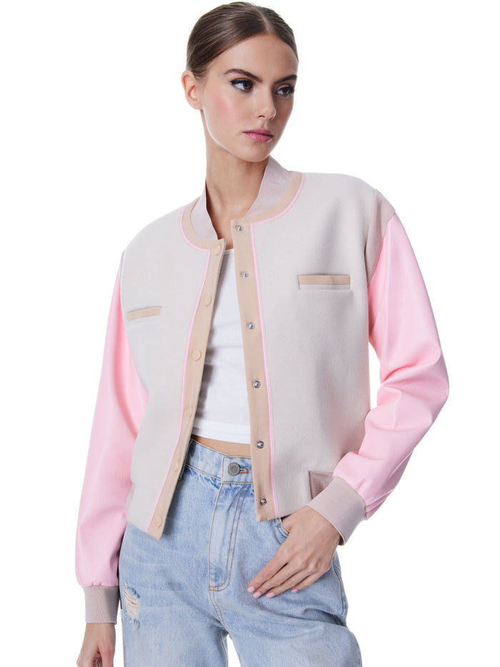 KERI VEGAN LEATHER VARSITY JACKET - ECRU/MULTI