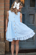 Kids Blue & White Gingham Check Pocket Ruffle Summer Dress