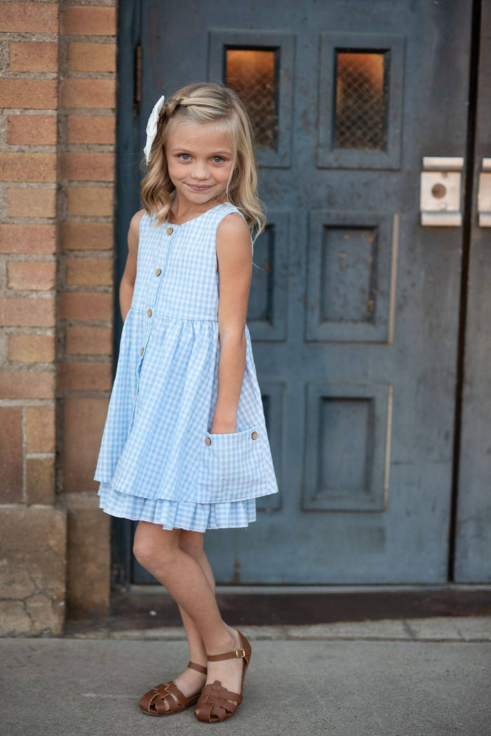 Kids Blue & White Gingham Check Pocket Ruffle Summer Dress
