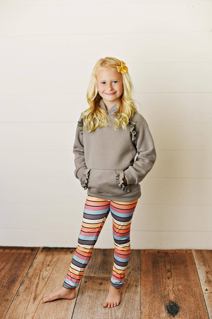 Kids Gray Ruffle Hoodie and Rainbow Stripe Leggings Fall Set