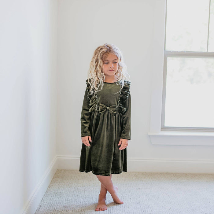 Kids Moss Velvet Bow Ruffle Holiday Party Dress