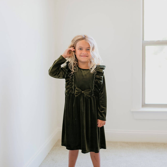 Kids Moss Velvet Bow Ruffle Holiday Party Dress