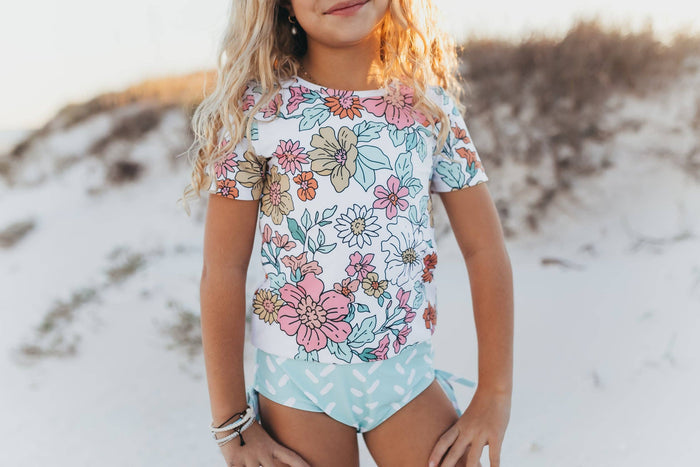 Kids Pale Pink Floral & Mint Sea Rash Guard Swimsuit