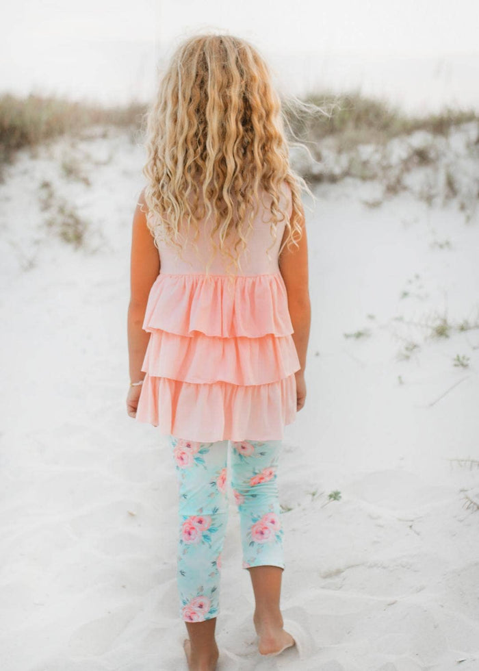 Kids Peach Teal Floral Tiered Ruffle Button Spring Set