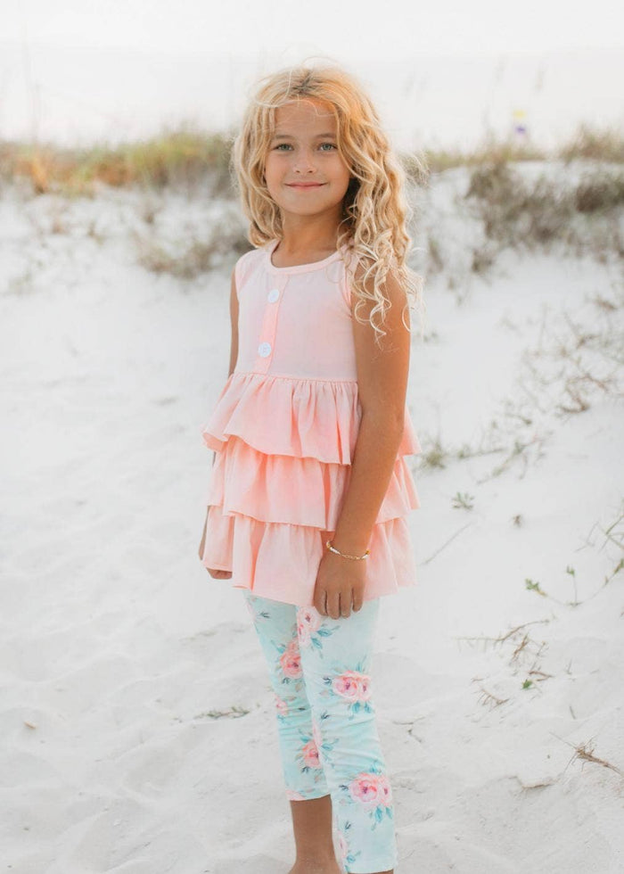 Kids Peach Teal Floral Tiered Ruffle Button Spring Set