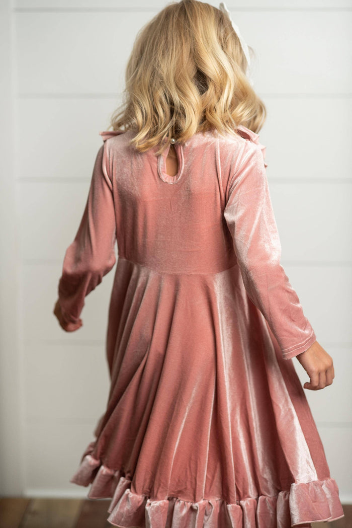 Kids Pink Velvet Ruffle Fancy Winter Christmas Holiday Dress