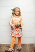 Kids Pumpkin Stripe Ruffle Rosette Two Piece Fall Pant Set