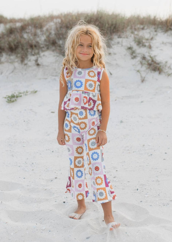 Kids Retro Daisy Checkered Spring Summer Bell Bottom Set