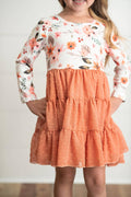Kids Rust Floral Print Swiss Dot Tulle Fall Autumn Dress