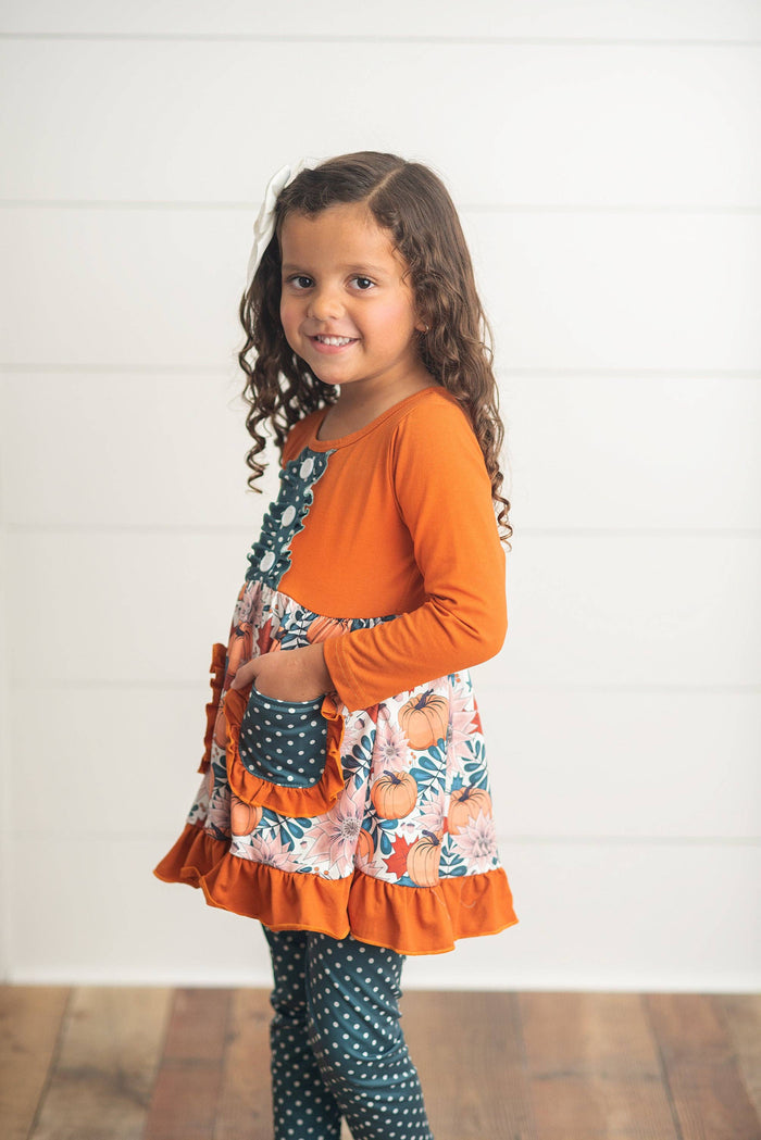 Kids Sage & Pumpkin Ruffle Pocket Polka Dot Fall Pant Set