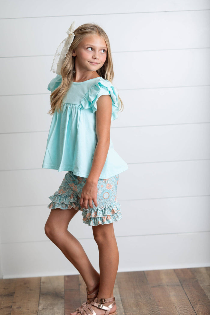 Kids Sophia Light Teal Floral Summer Spring Ruffle Short Set