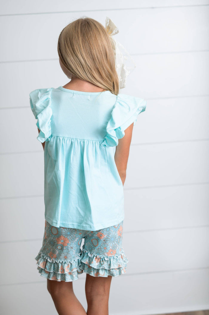 Kids Sophia Light Teal Floral Summer Spring Ruffle Short Set