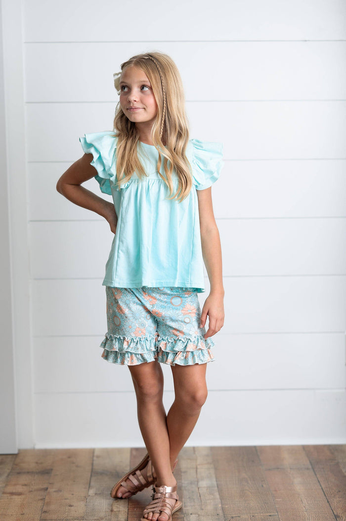 Kids Sophia Light Teal Floral Summer Spring Ruffle Short Set