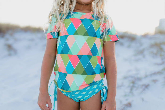 Kids Teal Peach Diamond Rash Guard Swimsuit