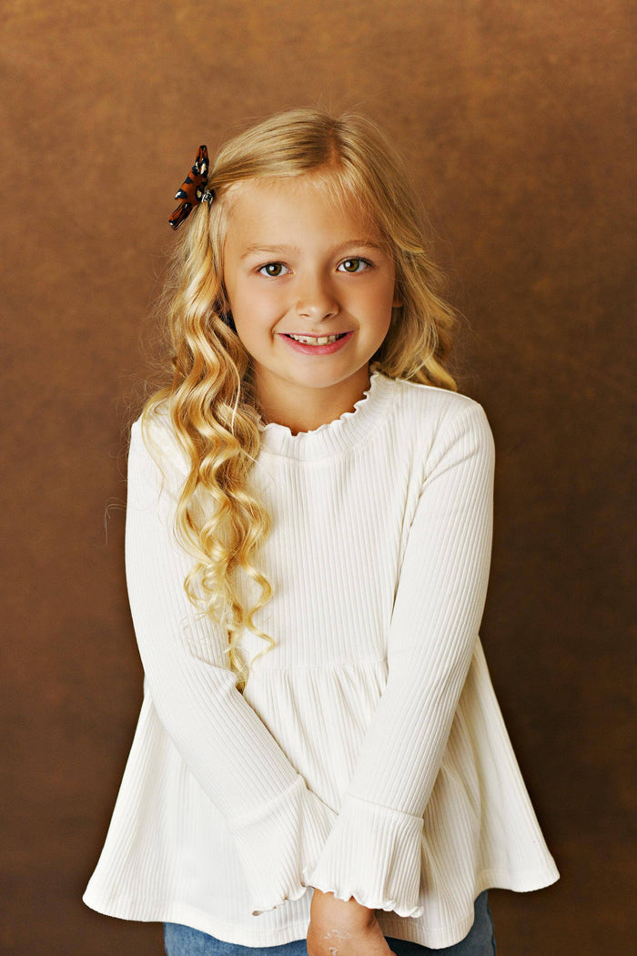 Kids White Long Sleeve Lettuce Trim Ribbed Fall Winter Shirt