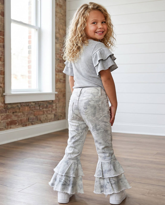 Kids Winter White Camo Denim Double Ruffle Jeans Pants