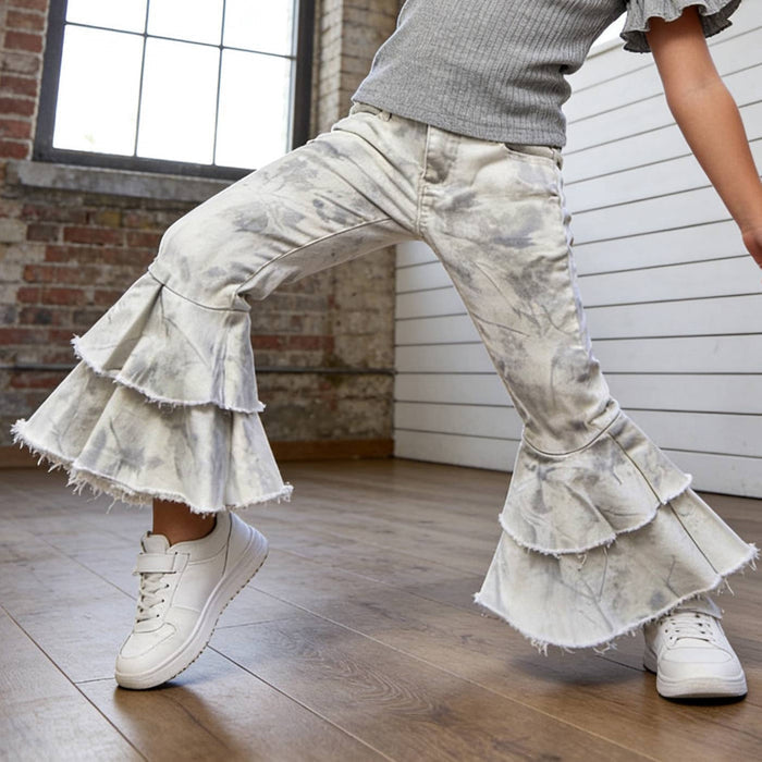 Kids Winter White Camo Denim Double Ruffle Jeans Pants