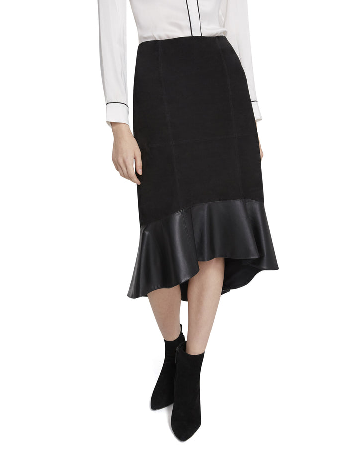 KINA RUFFLE HEM SUEDE SKIRT - BLACK