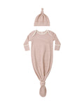 Knotted Baby Gown + Hat Set- Dusty Rose Micro Stripe