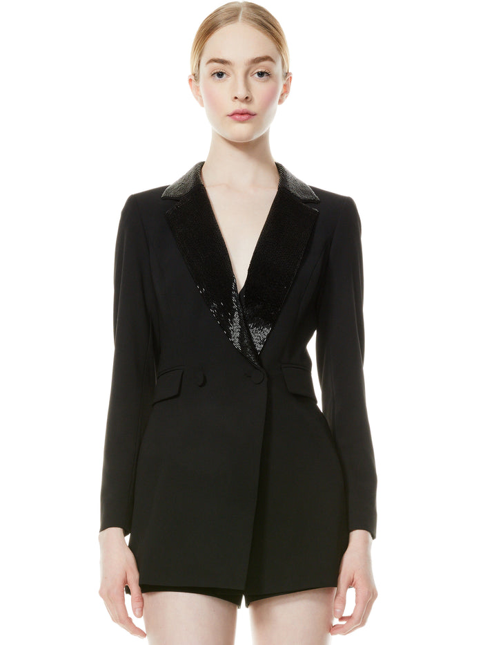 KYRIE BEADED COLLAR TUEXDO ROMPER - BLACK