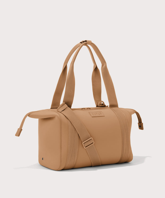 Large Landon Carryall in brown camel with zippers unbuckled