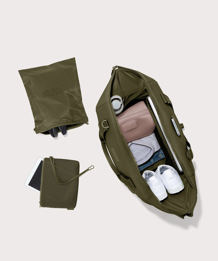 extra large Landon Carryall in dark green unzipped, top down view
