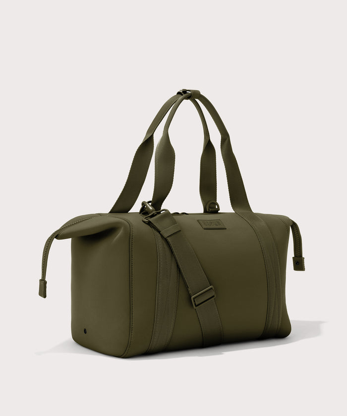 Large Landon Carryall in dark green with zippers unbuckled