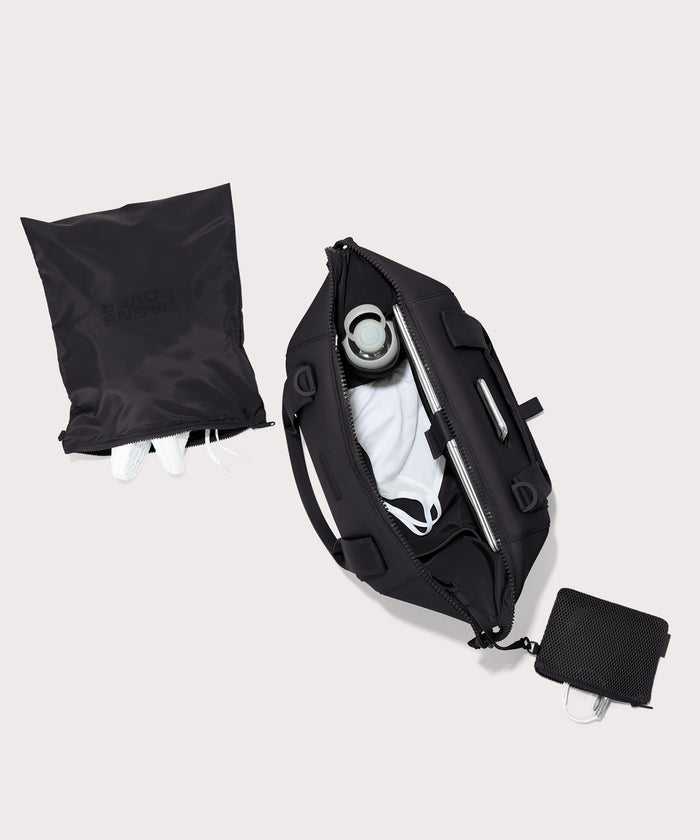 Large Landon Carryall in black unzipped, top down view